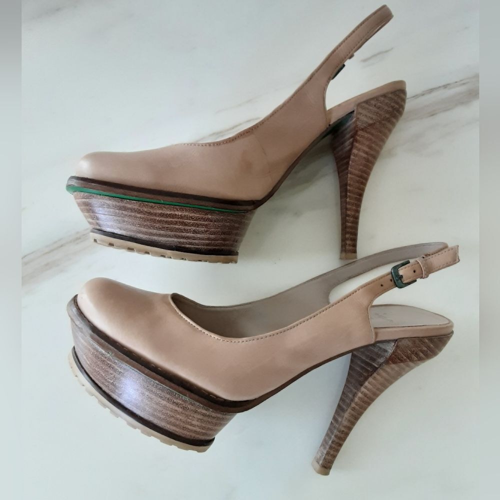 LISA for DONALD PLINER Wood Heel Stiletto Beige Platform Slingback Sz 6.5 - Picture 4 of 12